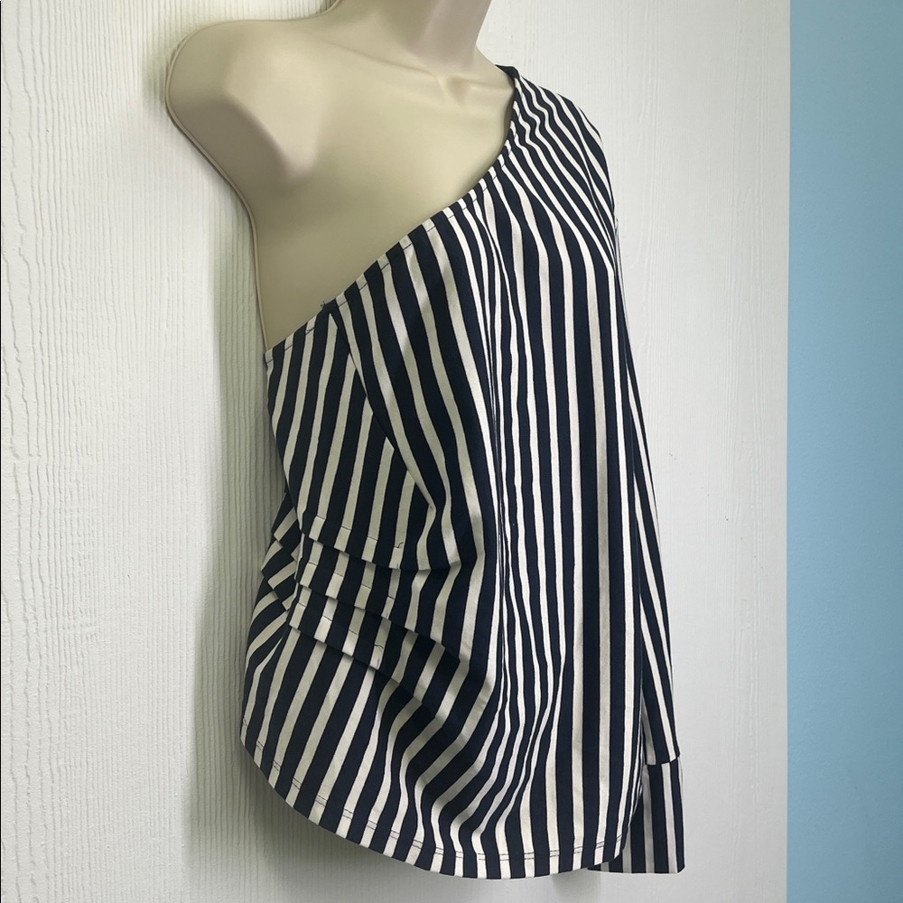 Zara - Nautical Navy And White Stripe Lightweight One Sleeve Blouse Size Small - Picture 4 of 11